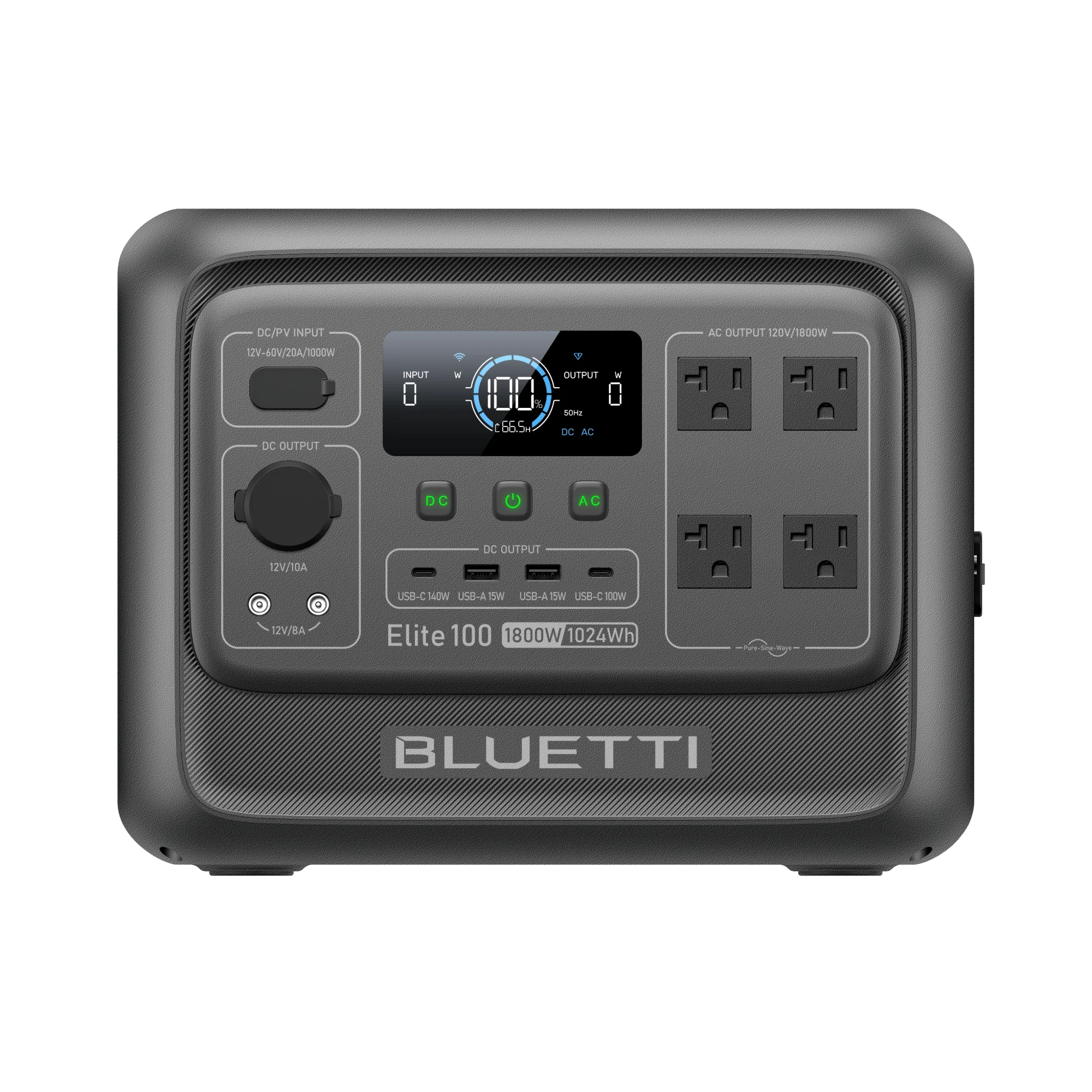 US BLUETTI Elite 100 V2 front view with four AC outlets, 100W and 140W USB-C, USB-A ports, and 12V connections