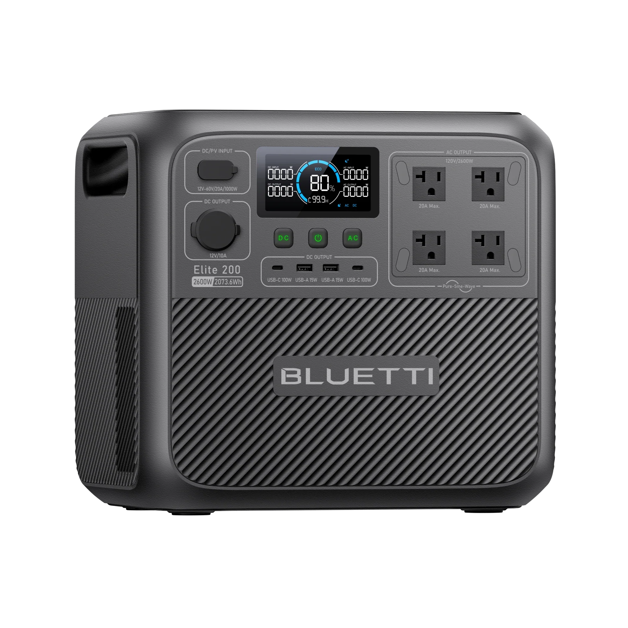 BLUETTI Elite 200 V2 portable power station showing its display, outlets, and front ports